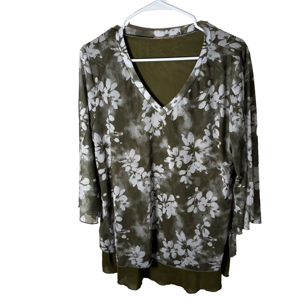 Timeson Blouse Women's Large Green Floral 3/4 Sleeve Layered Mesh Top Casual